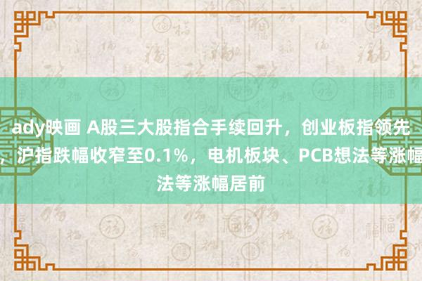 ady映画 A股三大股指合手续回升，创业板指领先翻红，沪指跌幅收窄至0.1%，电机板块、PCB想法等涨幅居前